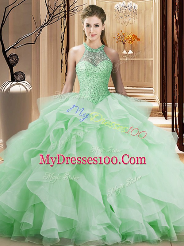 Apple Green Sleeveless Beading and Ruffles Lace Up Ball Gown Prom Dress