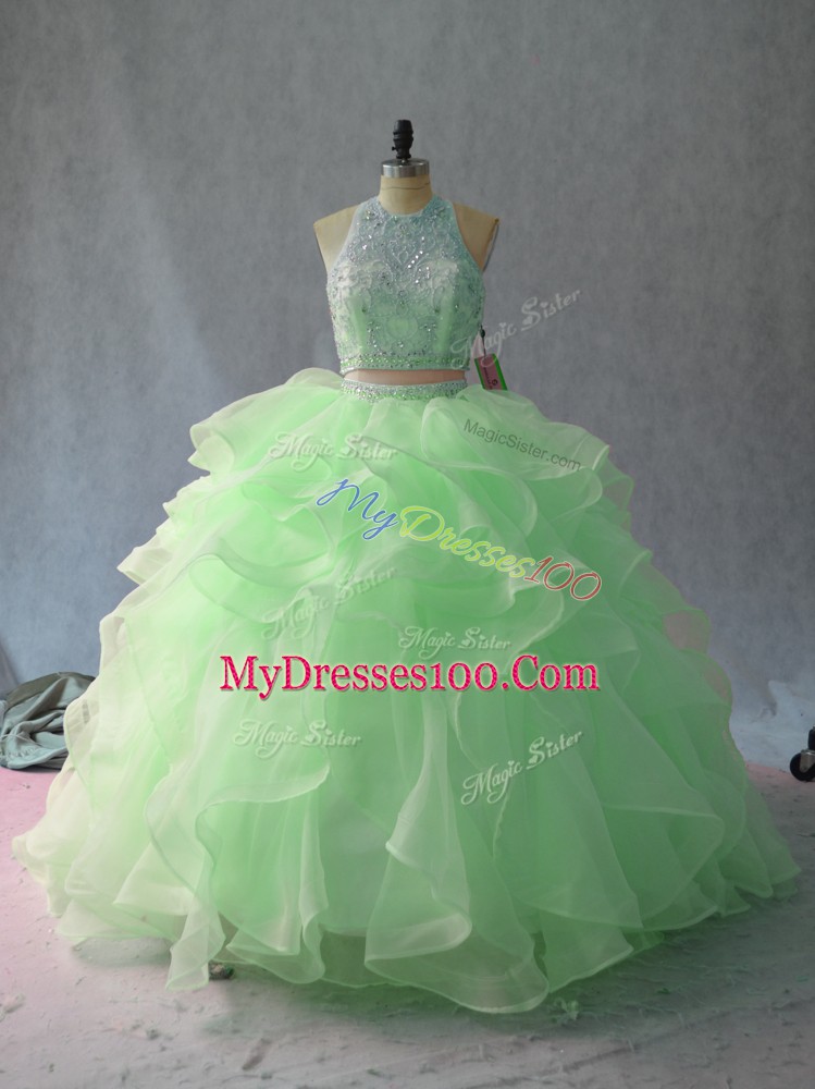 Halter Top Sleeveless Quinceanera Gowns Beading and Ruffles Apple Green
