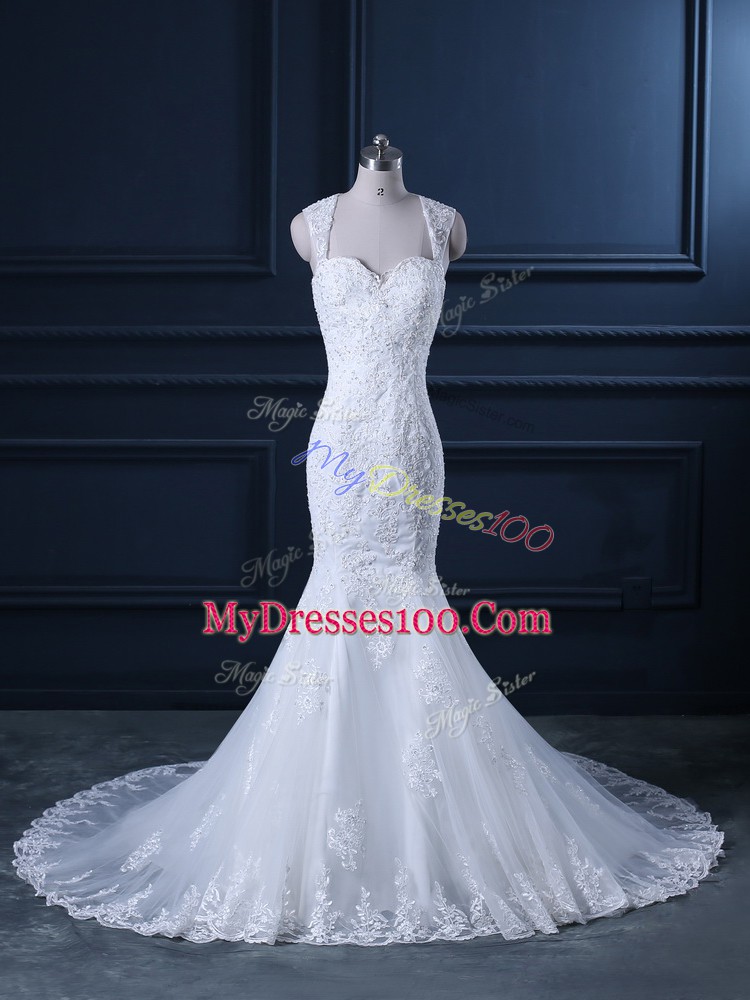 White Tulle Backless Wedding Gowns Sleeveless Brush Train Beading and Lace