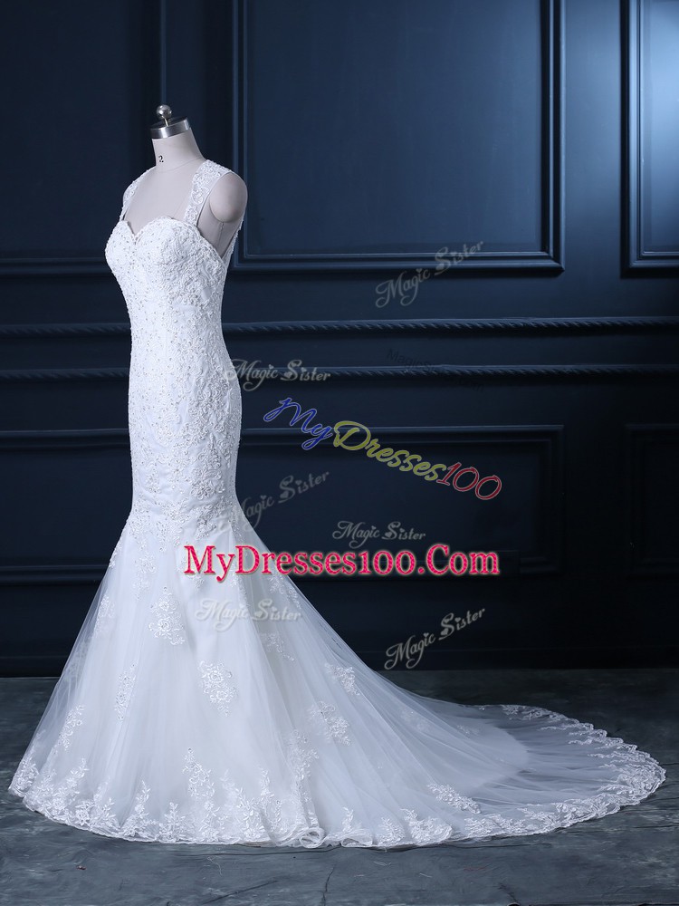 White Tulle Backless Wedding Gowns Sleeveless Brush Train Beading and Lace