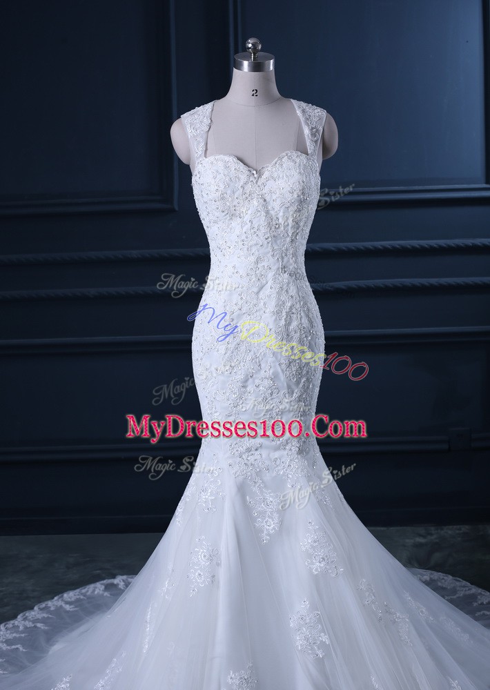 White Tulle Backless Wedding Gowns Sleeveless Brush Train Beading and Lace