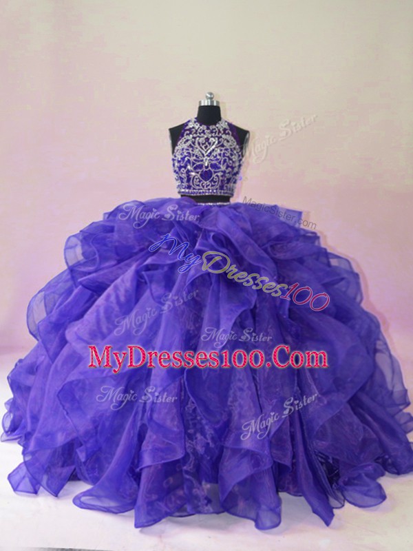 Purple Sleeveless Beading and Ruffles Backless Quinceanera Gown