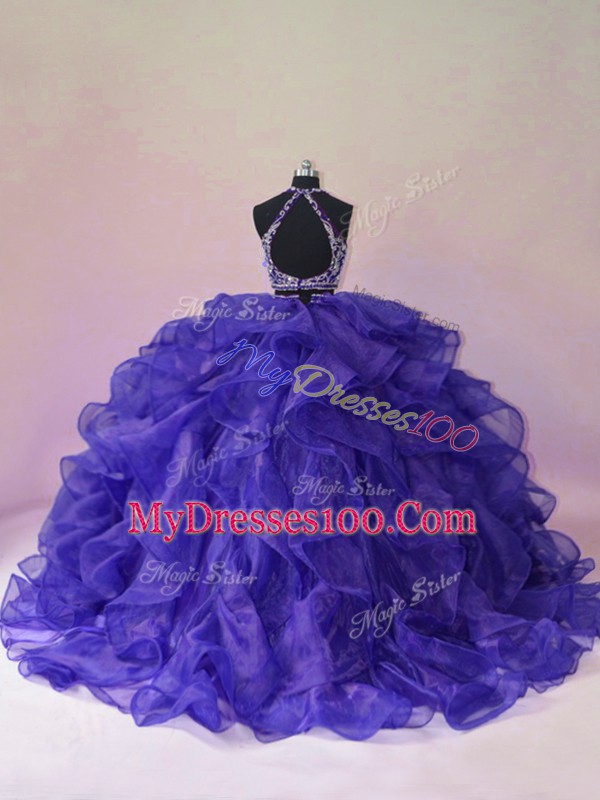 Purple Sleeveless Beading and Ruffles Backless Quinceanera Gown