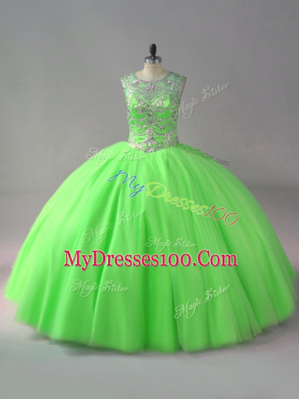 Glorious Sleeveless Tulle Floor Length Lace Up 15th Birthday Dress in with Beading