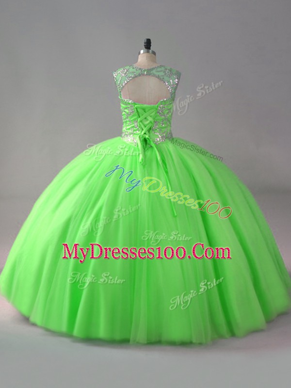 Glorious Sleeveless Tulle Floor Length Lace Up 15th Birthday Dress in with Beading