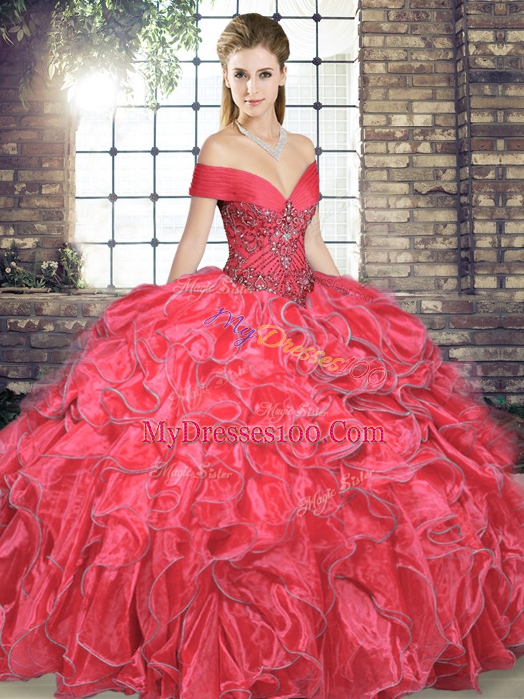 Customized Coral Red Sleeveless Organza Lace Up 15th Birthday Dress for Military Ball and Sweet 16 and Quinceanera