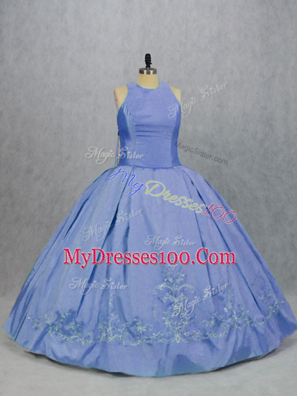 Glittering Blue Zipper Scoop Embroidery Sweet 16 Quinceanera Dress Satin Sleeveless