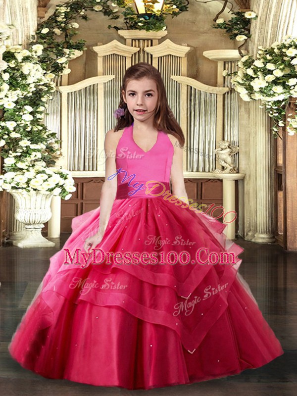 Hot Pink Halter Top Neckline Ruffled Layers Little Girls Pageant Dress Wholesale Sleeveless Lace Up