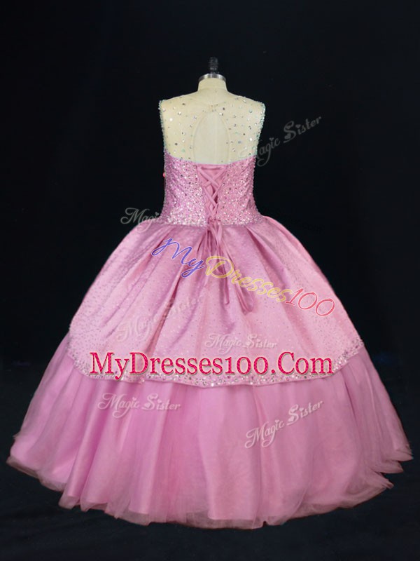 Fantastic Pink Scoop Neckline Beading Vestidos de Quinceanera Sleeveless Lace Up