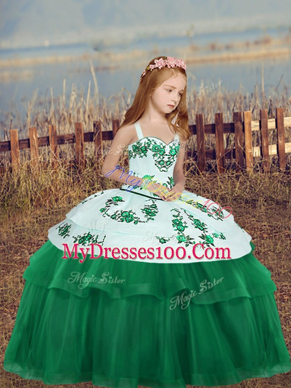 Modern Ball Gowns Little Girl Pageant Gowns Dark Green Straps Tulle Sleeveless Floor Length Lace Up