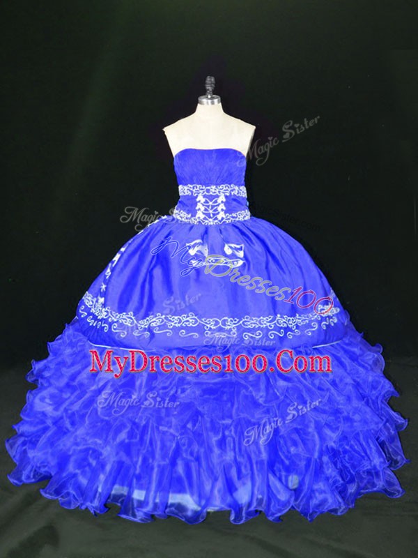 Blue Ball Gowns Strapless Sleeveless Organza Floor Length Lace Up Embroidery and Ruffles Vestidos de Quinceanera