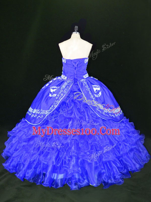 Blue Ball Gowns Strapless Sleeveless Organza Floor Length Lace Up Embroidery and Ruffles Vestidos de Quinceanera