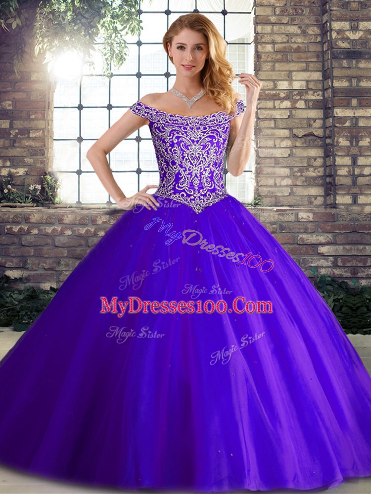 Purple Sleeveless Brush Train Beading Quince Ball Gowns