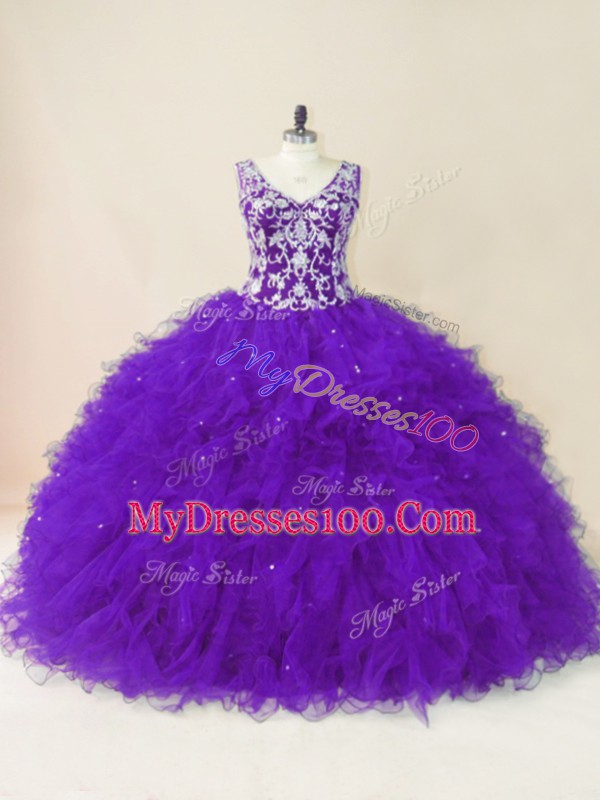 Decent Floor Length Backless Quinceanera Dress Purple for Sweet 16 and Quinceanera with Beading and Ruffles