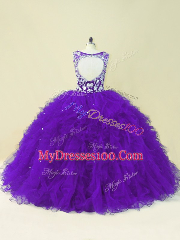 Decent Floor Length Backless Quinceanera Dress Purple for Sweet 16 and Quinceanera with Beading and Ruffles