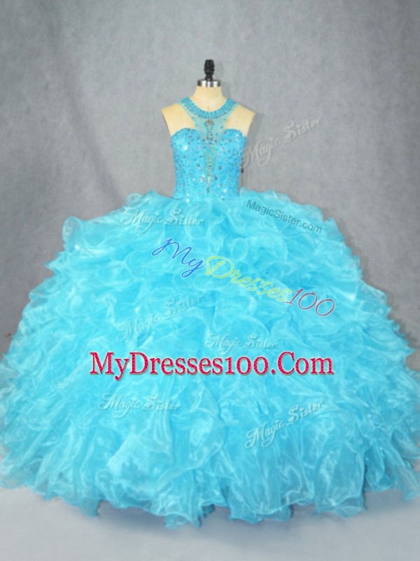 Baby Blue Zipper 15 Quinceanera Dress Beading and Ruffles Sleeveless Floor Length