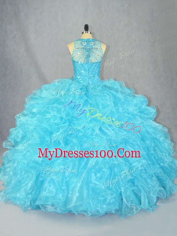 Baby Blue Zipper 15 Quinceanera Dress Beading and Ruffles Sleeveless Floor Length