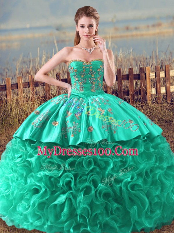 Fabric With Rolling Flowers Sweetheart Sleeveless Brush Train Lace Up Embroidery and Ruffles Sweet 16 Dresses in Turquoise