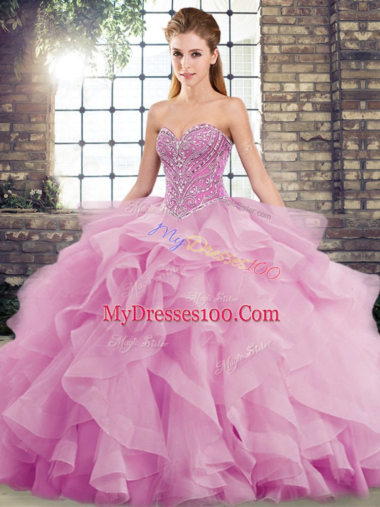 High Quality Lilac Ball Gowns Beading and Ruffles Quinceanera Gown Lace Up Tulle Sleeveless