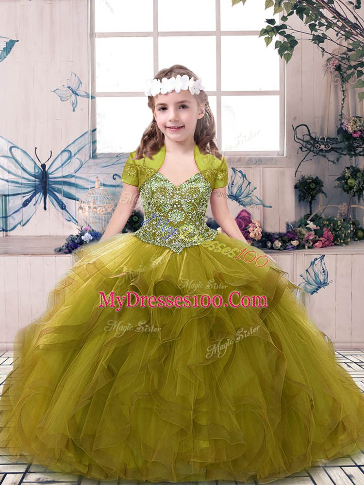 Olive Green Straps Lace Up Beading and Ruffles Pageant Dress for Teens Sleeveless