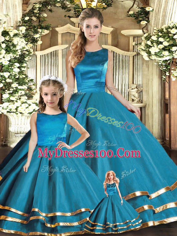 Adorable Teal Scoop Neckline Ruffled Layers Quinceanera Gown Sleeveless Lace Up