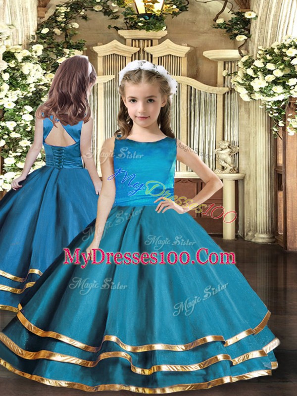 Adorable Teal Scoop Neckline Ruffled Layers Quinceanera Gown Sleeveless Lace Up