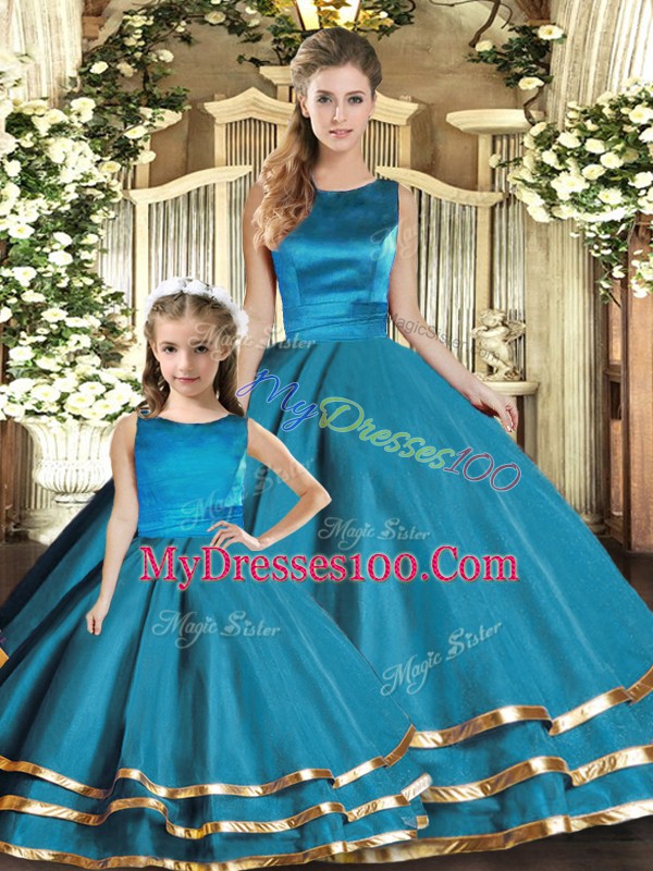 Adorable Teal Scoop Neckline Ruffled Layers Quinceanera Gown Sleeveless Lace Up
