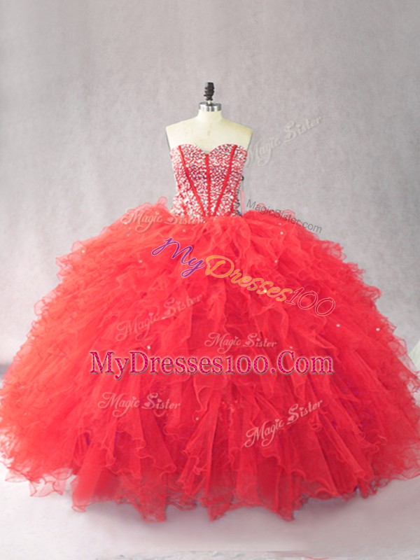 Chic Red 15th Birthday Dress Sweet 16 and Quinceanera with Beading and Ruffles Sweetheart Sleeveless Lace Up