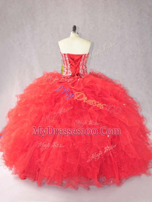 Chic Red 15th Birthday Dress Sweet 16 and Quinceanera with Beading and Ruffles Sweetheart Sleeveless Lace Up