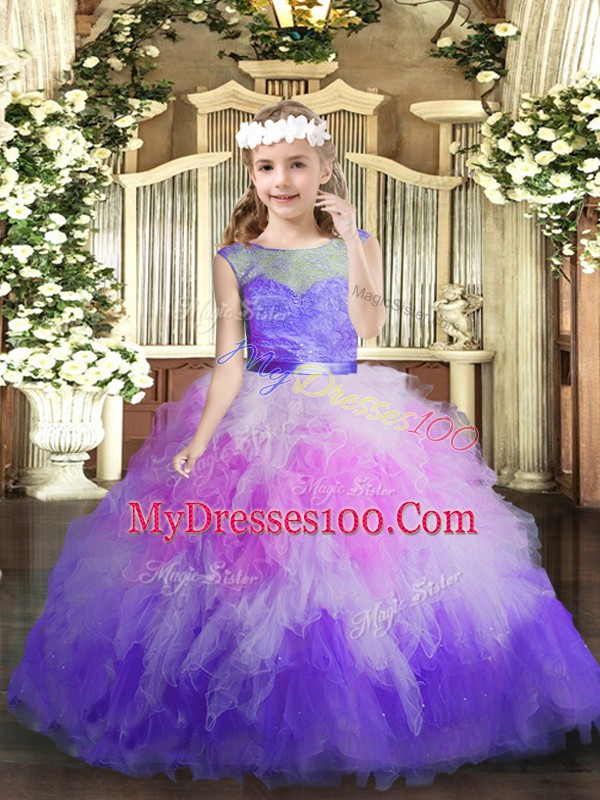 Amazing Multi-color Ball Gowns Lace and Ruffles Little Girls Pageant Dress Wholesale Backless Tulle Sleeveless Floor Length