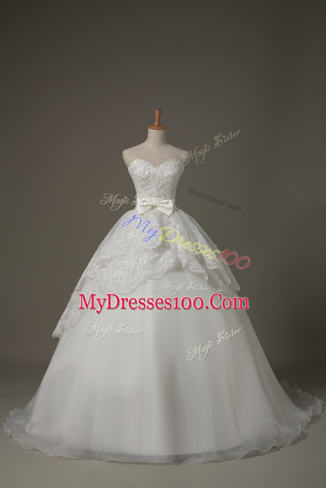 Fine Sleeveless Organza Brush Train Lace Up Wedding Gown in White with Beading and Lace and Bowknot