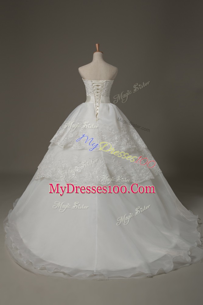 Fine Sleeveless Organza Brush Train Lace Up Wedding Gown in White with Beading and Lace and Bowknot