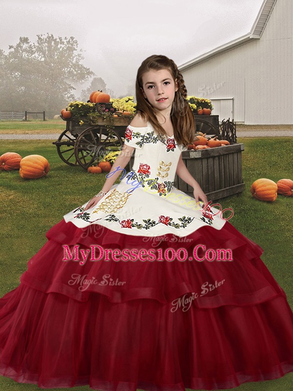 Floor Length Wine Red Pageant Gowns For Girls Straps Sleeveless Lace Up