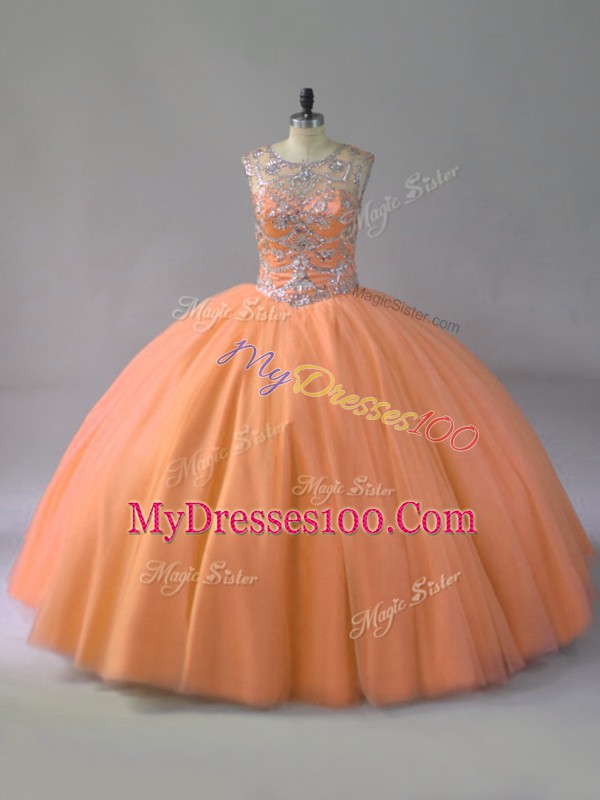 Superior Floor Length Ball Gowns Sleeveless Orange Quince Ball Gowns Lace Up