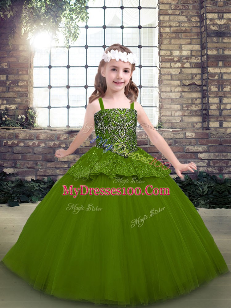 Adorable Olive Green Girls Pageant Dresses Party and Military Ball with Beading Straps Sleeveless Lace Up