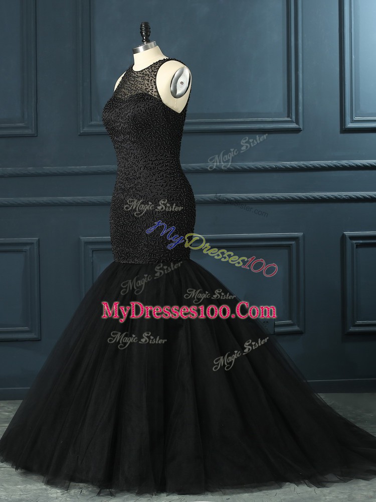 Flare Floor Length Zipper Prom Dresses Black for Prom and Party and Military Ball with Beading