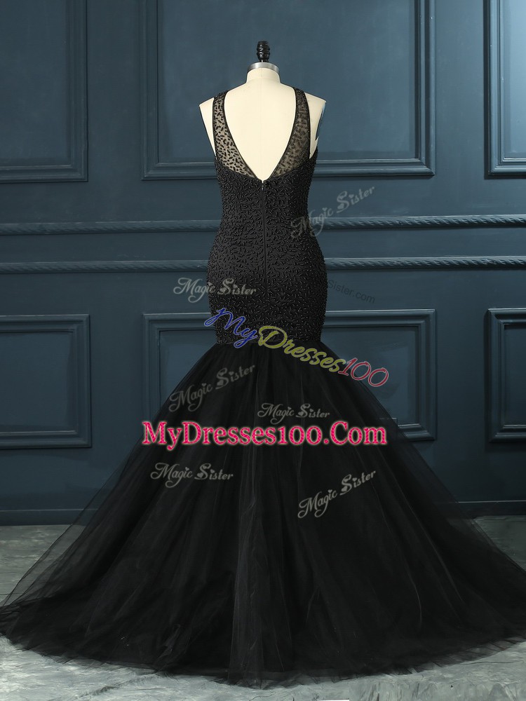 Flare Floor Length Zipper Prom Dresses Black for Prom and Party and Military Ball with Beading