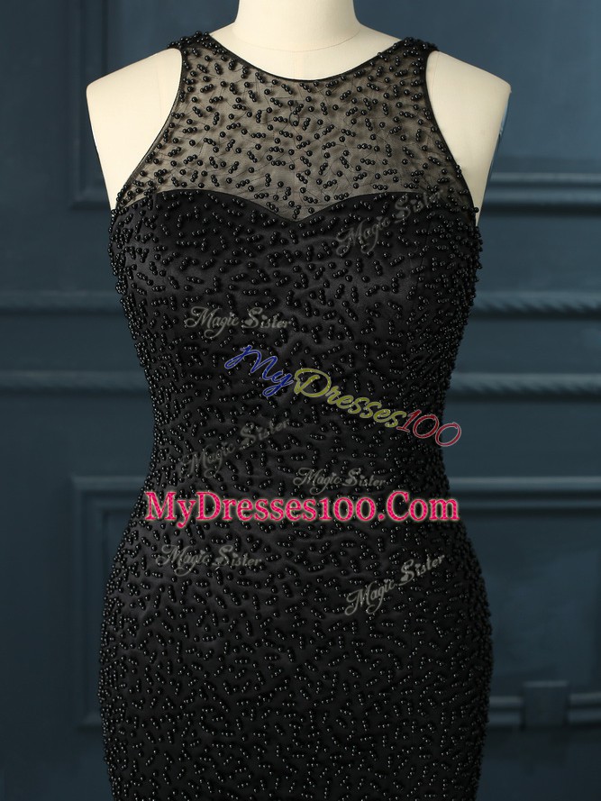 Flare Floor Length Zipper Prom Dresses Black for Prom and Party and Military Ball with Beading