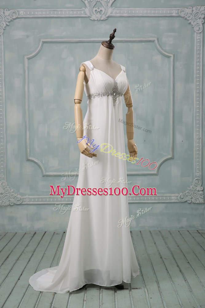 Free and Easy Straps Sleeveless Chiffon Wedding Dresses Beading Brush Train Lace Up