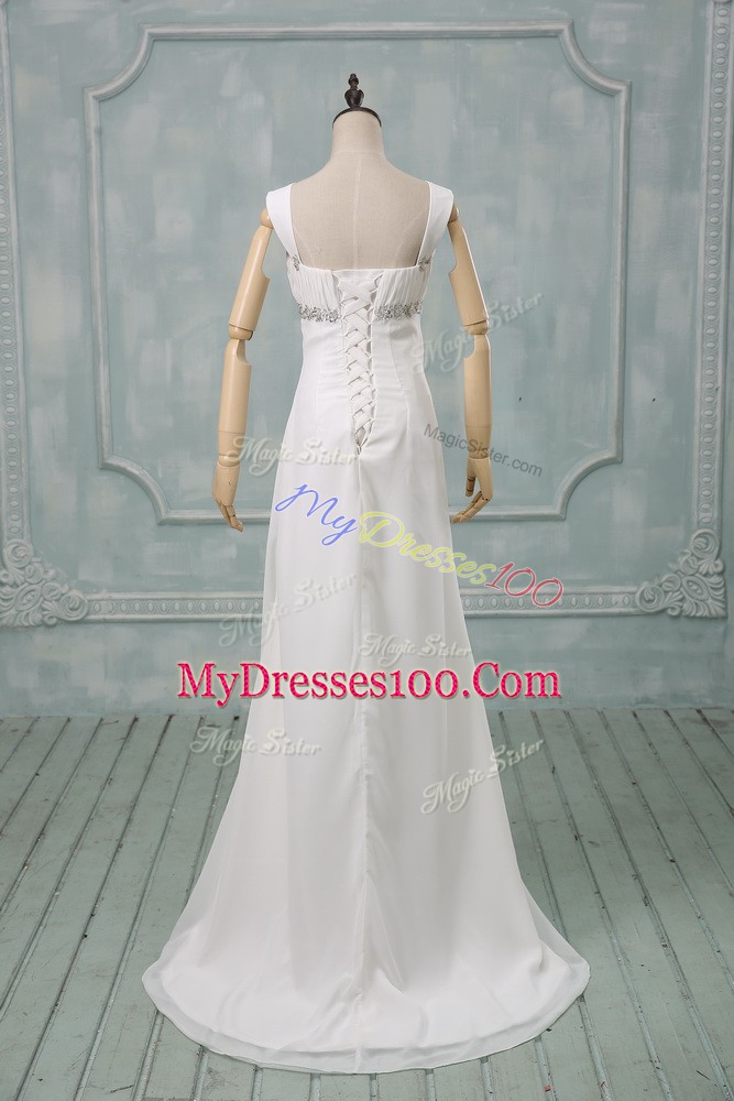 Free and Easy Straps Sleeveless Chiffon Wedding Dresses Beading Brush Train Lace Up