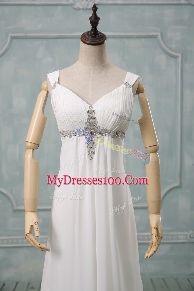 Free and Easy Straps Sleeveless Chiffon Wedding Dresses Beading Brush Train Lace Up
