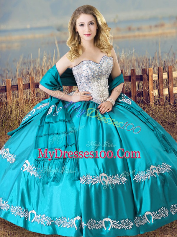 Sweet Floor Length Aqua Blue Quinceanera Dress Satin Sleeveless Beading and Embroidery