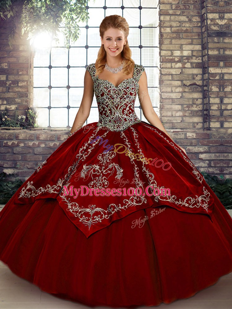 Eye-catching Wine Red Lace Up Straps Beading and Embroidery Sweet 16 Dress Tulle Sleeveless