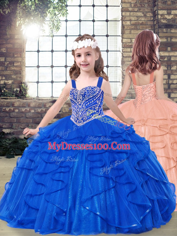 Royal Blue Tulle Lace Up Little Girls Pageant Dress Sleeveless Floor Length Beading and Ruffles
