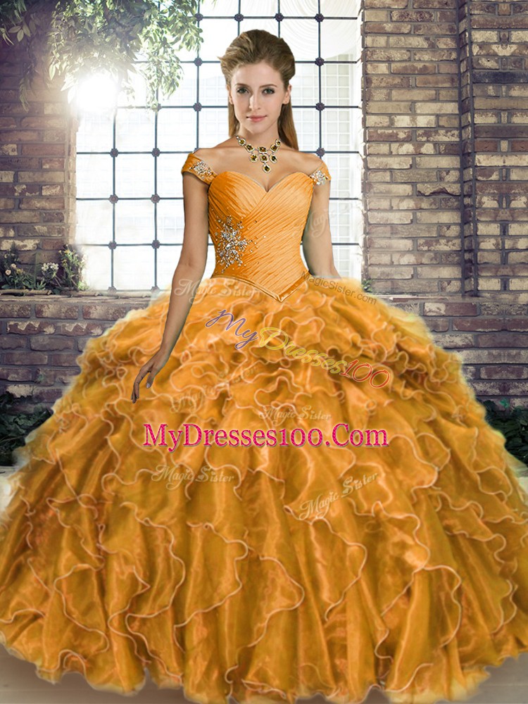 Gold Ball Gowns Organza Off The Shoulder Sleeveless Beading and Ruffles Lace Up Quinceanera Gown Brush Train