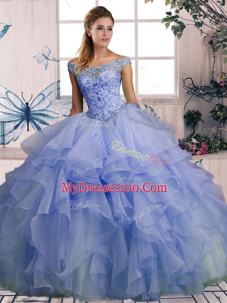 Best Off The Shoulder Sleeveless Lace Up Quinceanera Dresses Lavender Organza
