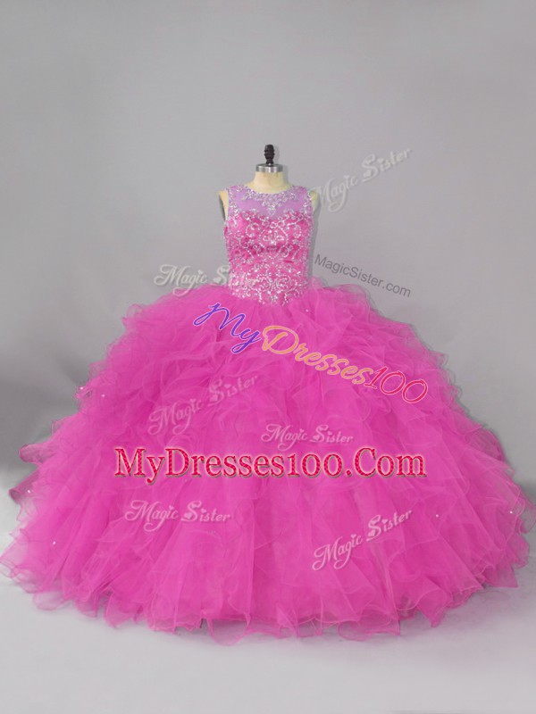 Edgy Beading and Ruffles 15 Quinceanera Dress Fuchsia Lace Up Sleeveless