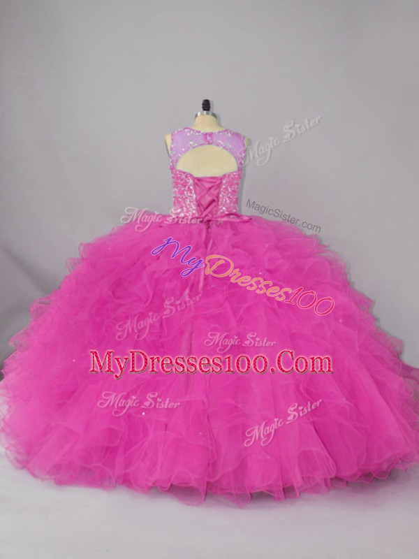 Edgy Beading and Ruffles 15 Quinceanera Dress Fuchsia Lace Up Sleeveless