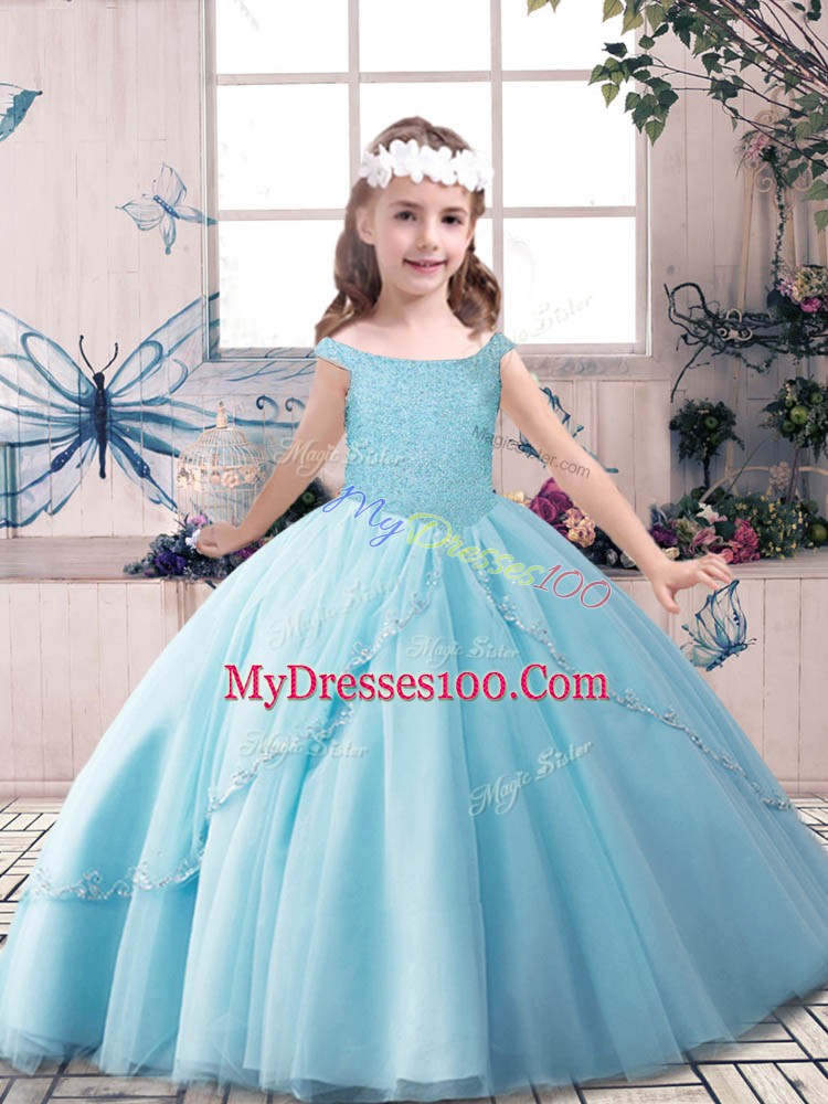 Hot Sale Floor Length Blue Pageant Dress Womens Off The Shoulder Sleeveless Lace Up