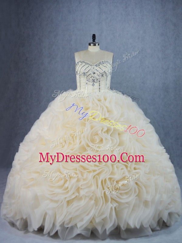 Sleeveless Fabric With Rolling Flowers Brush Train Lace Up Sweet 16 Quinceanera Dress in Champagne with Beading and Ruffles
